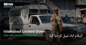 A Pakistan Rangers soldier stands guard beside a Rangers vehicle, as security is tightened ahead of PTI's Sept 27 Islamabad march