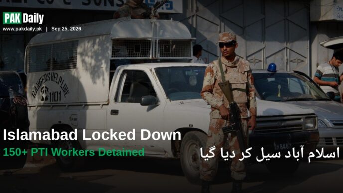 A Pakistan Rangers soldier stands guard beside a Rangers vehicle, as security is tightened ahead of PTI's Sept 27 Islamabad march