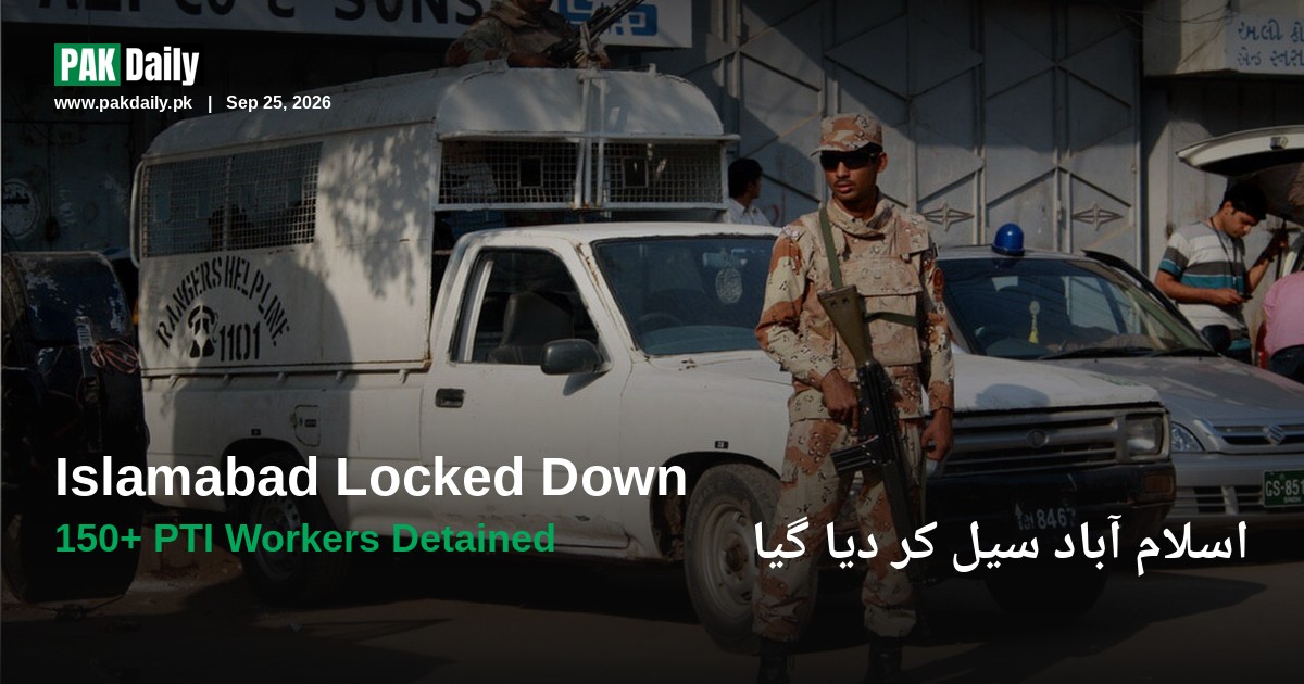 A Pakistan Rangers soldier stands guard beside a Rangers vehicle, as security is tightened ahead of PTI's Sept 27 Islamabad march