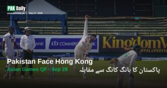 Pakistan cricketer Abrar Ahmed bowling, representing Pakistan's Asian Games 2026 squad ahead of their quarter-final against Hong Kong