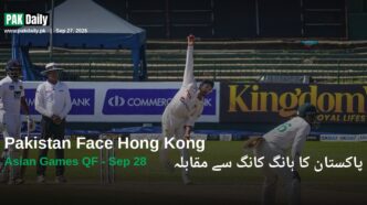 Pakistan cricketer Abrar Ahmed bowling, representing Pakistan's Asian Games 2026 squad ahead of their quarter-final against Hong Kong