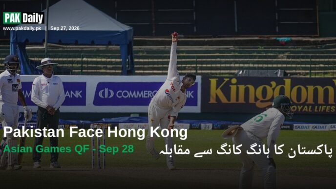 Pakistan cricketer Abrar Ahmed bowling, representing Pakistan's Asian Games 2026 squad ahead of their quarter-final against Hong Kong