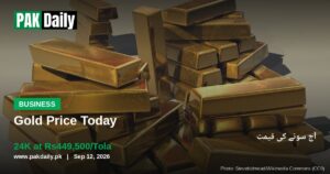 Gold bars representing gold prices in Pakistan, with Urdu subtitle
