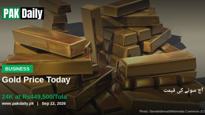 Gold bars representing gold prices in Pakistan, with Urdu subtitle