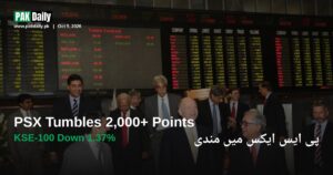 Investors and officials on the trading floor of the Pakistan Stock Exchange in Karachi, with ticker boards showing stock prices