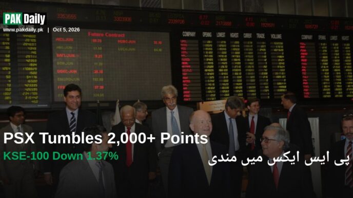 Investors and officials on the trading floor of the Pakistan Stock Exchange in Karachi, with ticker boards showing stock prices