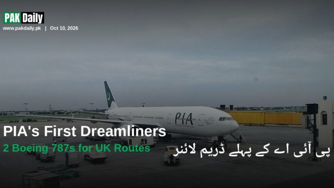 A Pakistan International Airlines Boeing 777 widebody aircraft parked at an airport gate